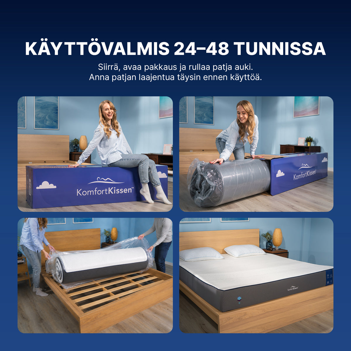 Premium-patjan purkaminen pakkauksesta