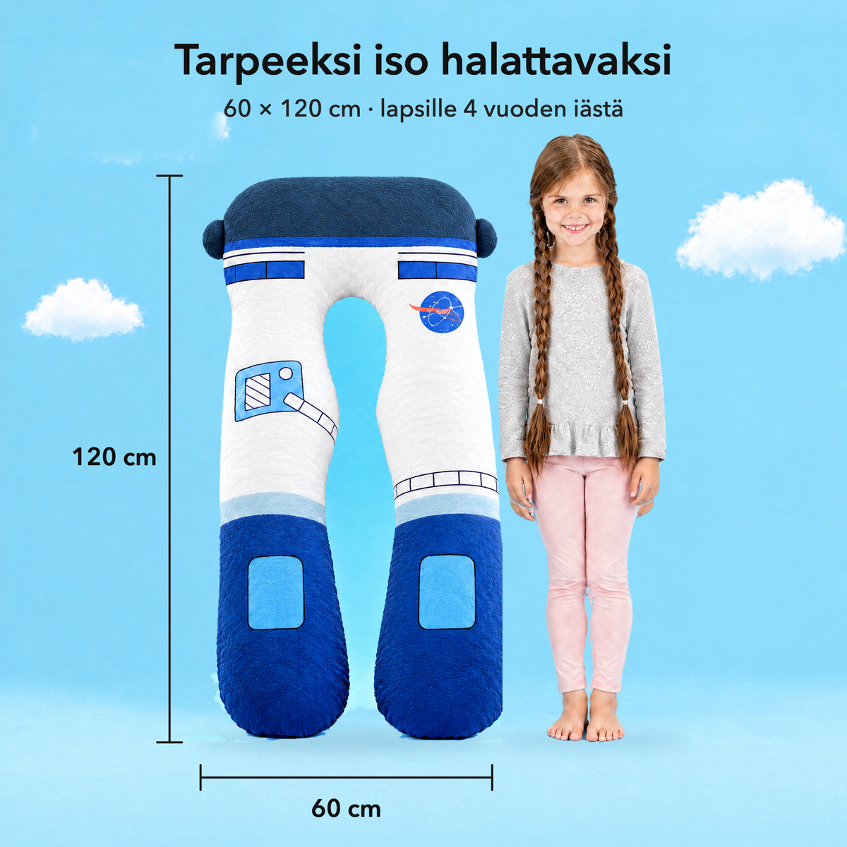 astronautti – Koko 60 × 120 cm verrattuna lapseen
