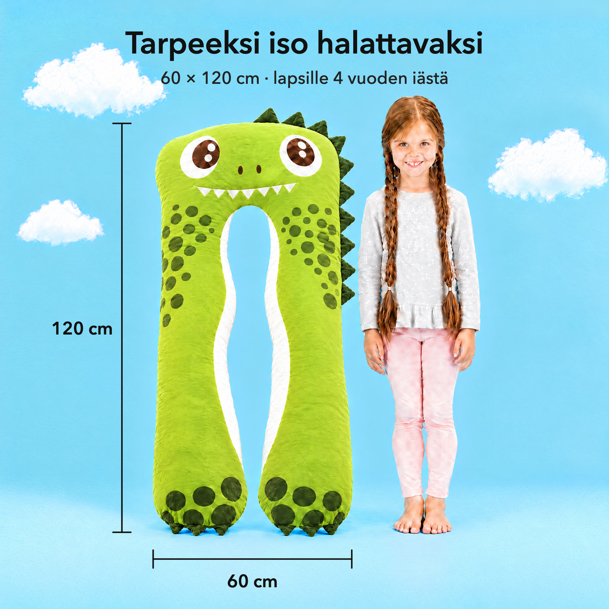 Dino – Koko 60 × 120 cm verrattuna lapseen
